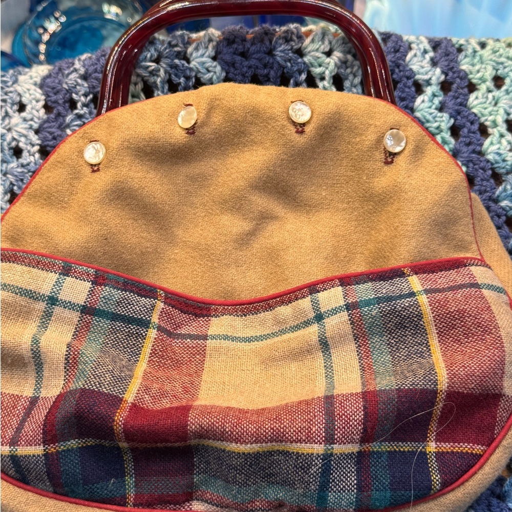 Vintage Delanthe Plaid Fabric Bag in Mustard and Burgundy with Lucite handles